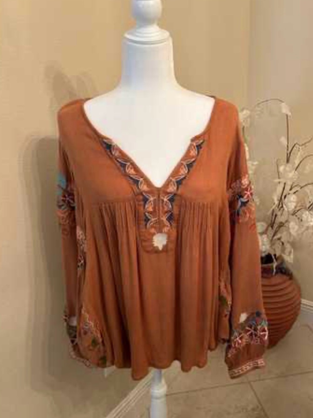 easel Rust Embroidered V-Neck Tunic